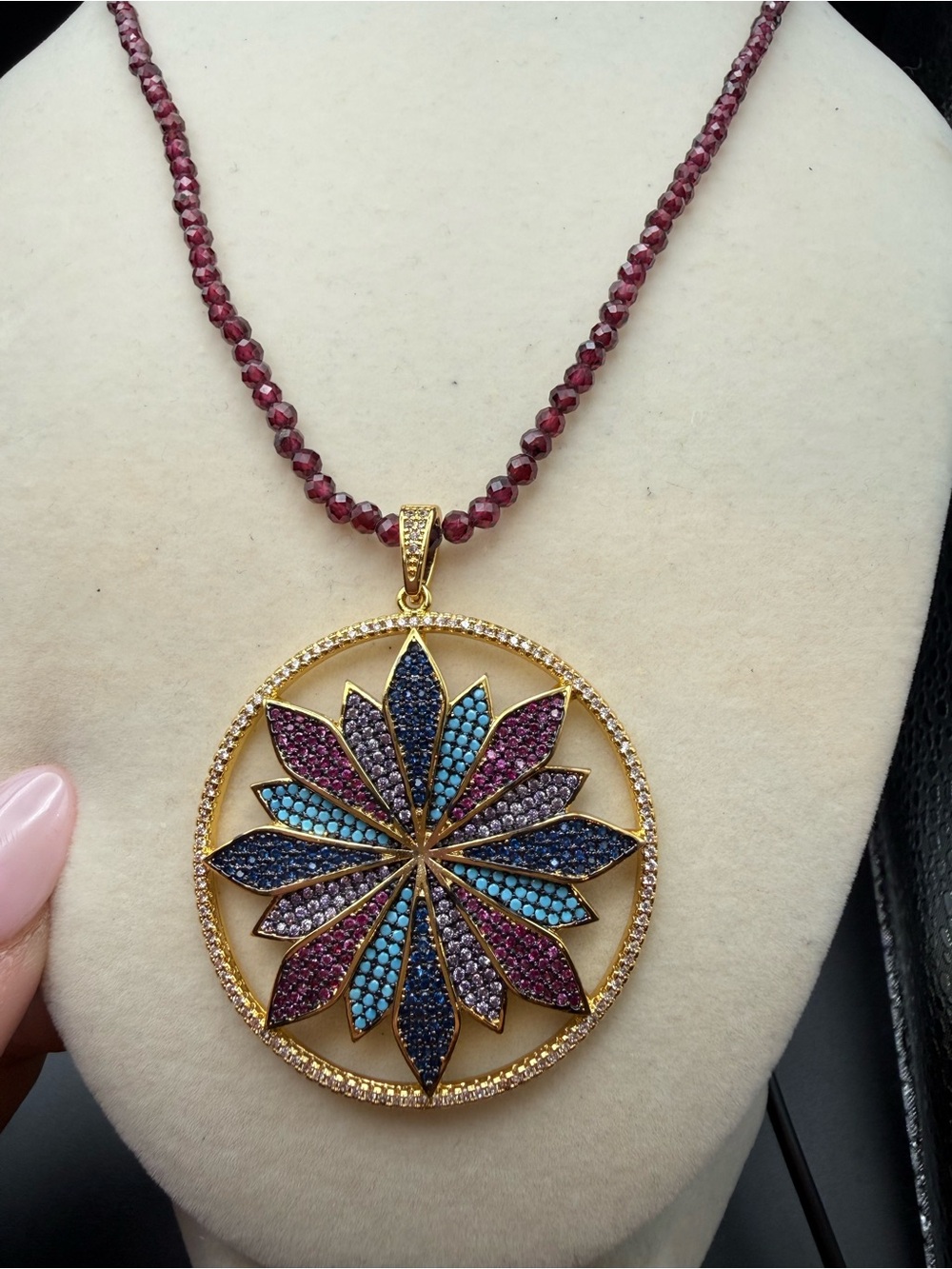 Gold-Tone Multi-Color Stone Floral pendant on natural stone beaded